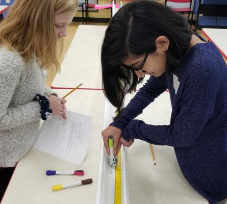 Two girls measuring matchbox car on a track