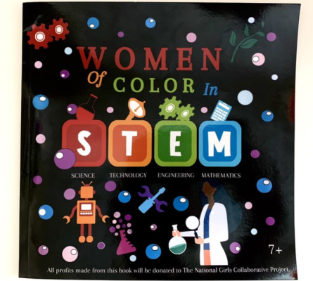 Image of book cover. Text reads Women of Color in STEM  with purple and blue dots and STEM iconography