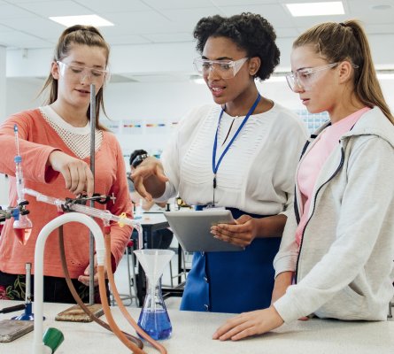 three girls in classroom science lab
