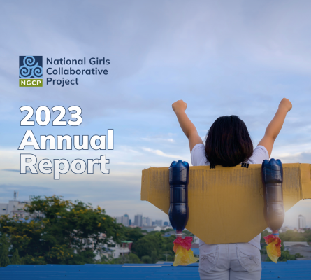 A girl with looking ahead with a DIY jet pack made of plastic bottles. Text that reads Annual Report 2023