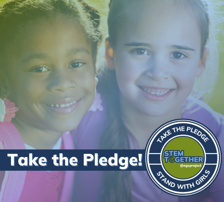 Two young girls with their arms around each other. Take the pledge! STEM Together