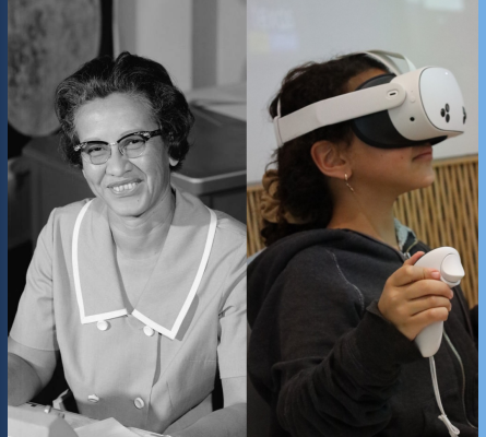 Photo of Katherine Johnson next to a current photo of a young girl using a VR device