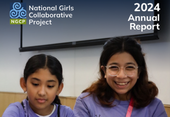 2024 Annual Report two girls wearing purple tshirts