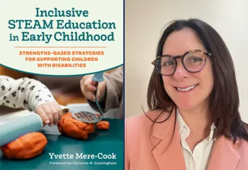 Inclusive STEM Education in Early Childhood book cover and photo of woman with brown hair and glasses