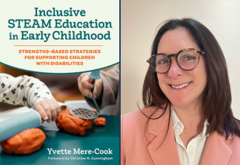 Inclusive STEM Education in Early Childhood book cover and photo of woman with brown hair and glasses