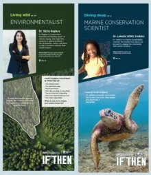 Two museum exhibit panels displaying a marine scientist and environmentalist