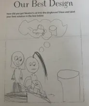 Photo of a worksheet that says, How did you get Newton's Car into the doghouse? with a drawing of two people using a ramp with a car.
