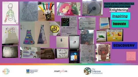 Slide featuring drawing and photos of dresses, inventions, posters, and inspiring words