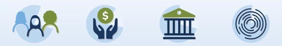 Four iconographs - stylized group of three people, hands under a dollar sign, building with columns, concentric circles