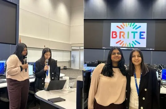 Two photos of two young women. On left, two women speaking into microphones and looking at a laptop. On right, two women in front of a screen displaying the Brite name and logo